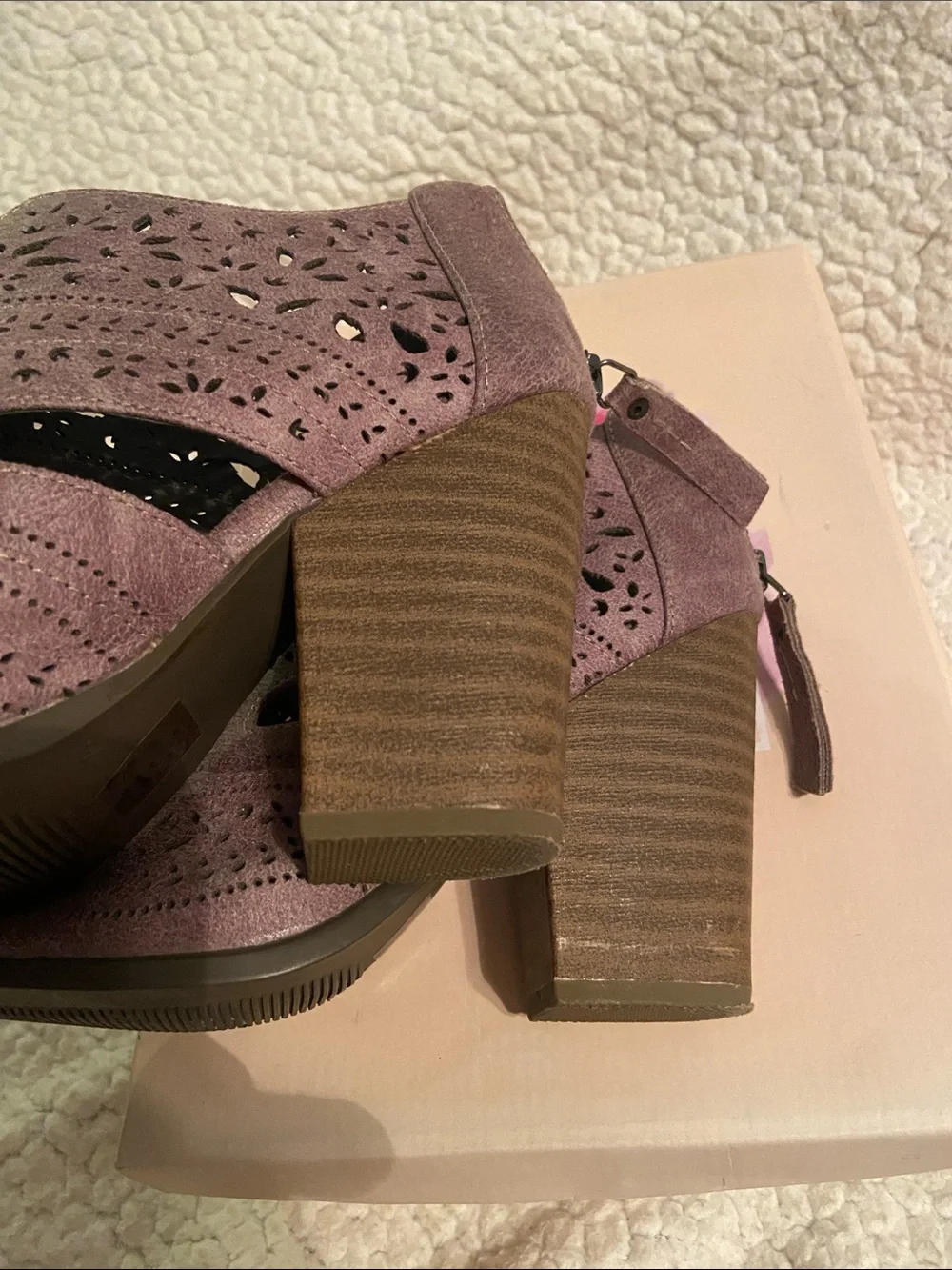 Not Rated Peep-Toe Laser-Cut Block Heel Booties in Brown/Grey - wore once